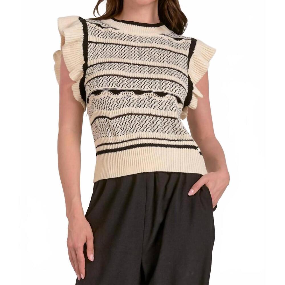 NEW ELAN flutter sleeve knit tank in off white / black